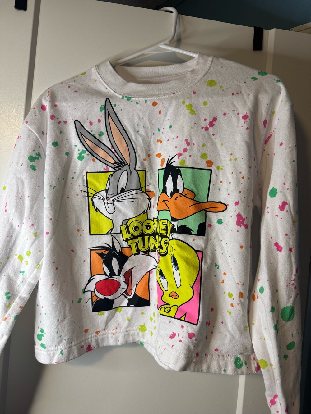 Warner Bros. Kids White Sweatshirt with Neon Cartoon Panel Graphic
